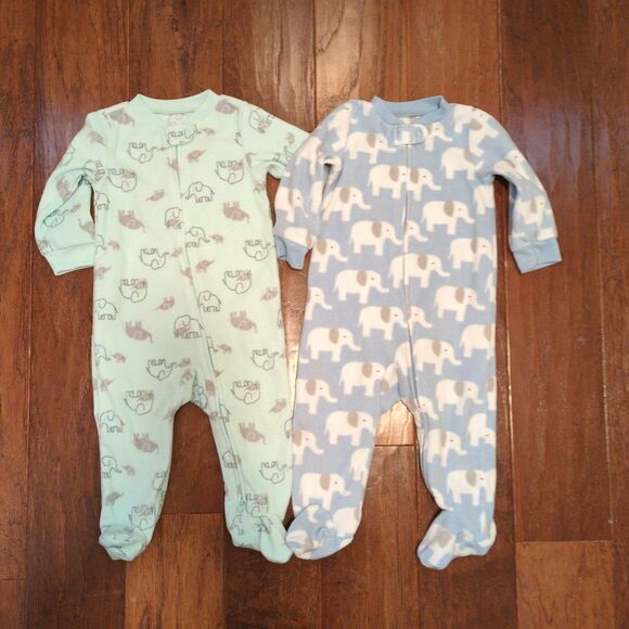Carter's Other - Carters 9M Fleece Footie Pajama Bundle Elephants Blue Green Zip Gender Neutral